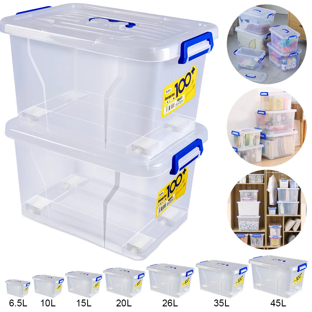 Plastic Storage Box Boxes Lid Handles Food Container Home Kitchen Office Box 6.5L/10L/15L/20L/26L/35L/45L
