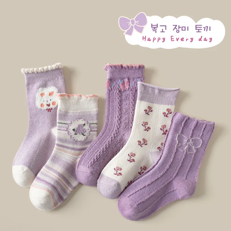 

2024 Autumn Girls Socks Floral Pattern Socks Baby Infant Toddlers Cotton Socks Kids Socks 5 Pairs/Bag Children's Crew Sock