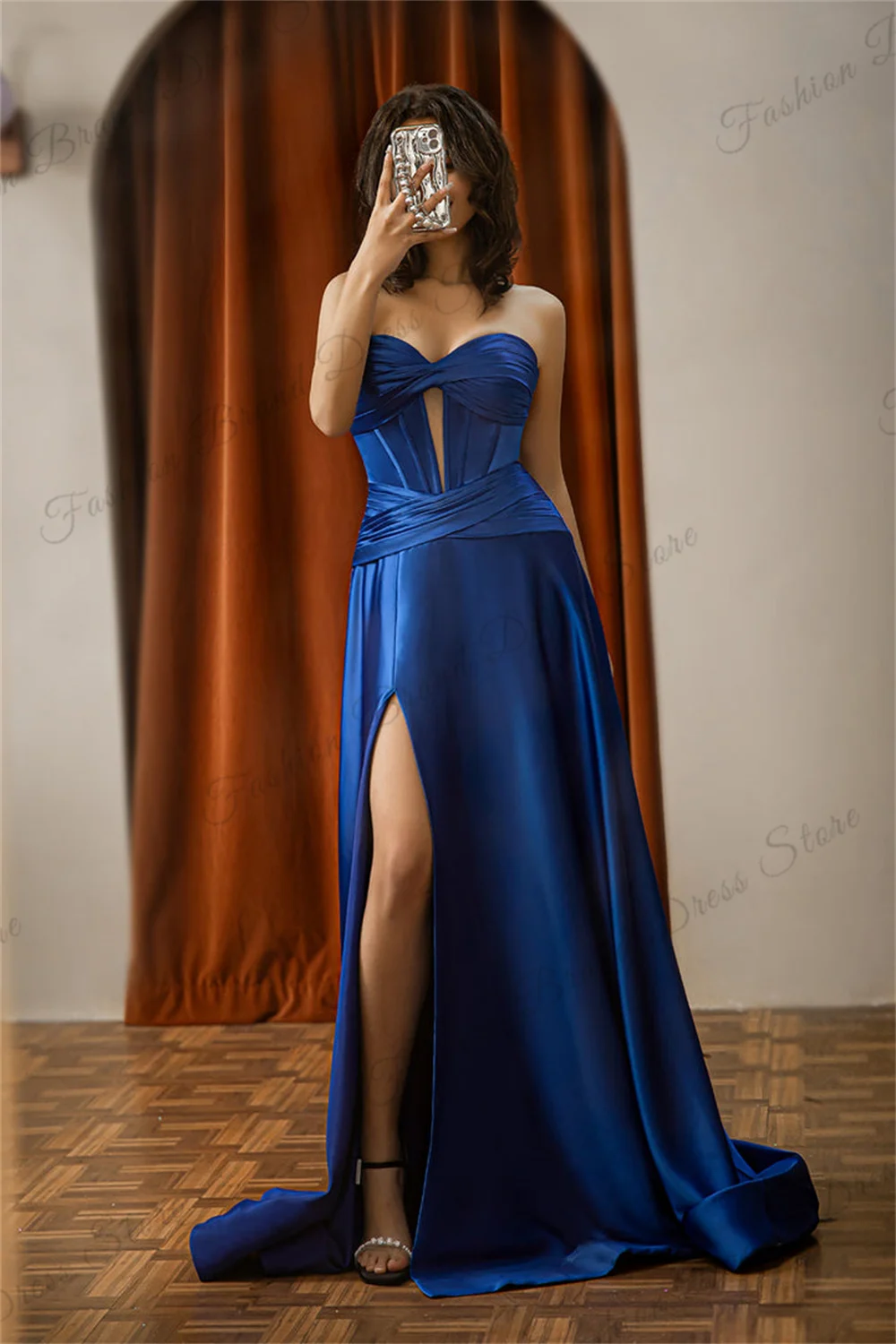 Satin Sweetheart Keyhole Design Prom Dresses With Split Sleeveless Backless Ball Gowns Pleated Corset A-line Long Evening Gowns