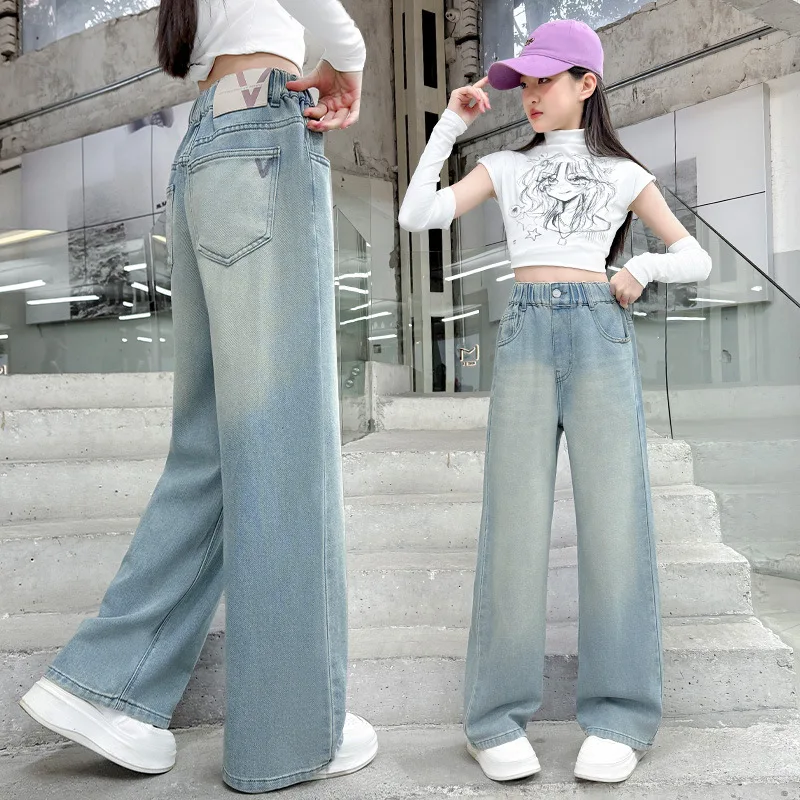 بنطال جينز أزرق فاتح مغسول للفتيات سروال دينم مستقيم الساق سروال شتوي طويل مناسب للأعمار من 7 إلى 14 عامًا #1