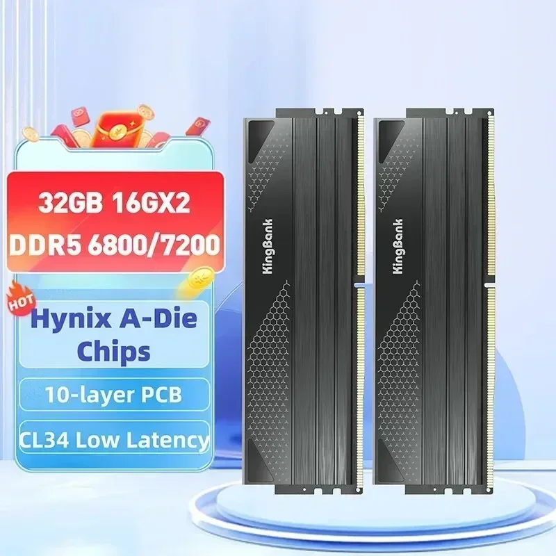 KingBank Hynix A- die Chip Memoria Ram DDR5 16GBx2 7200 6800 MHz Support Intel XMP 3.0 AMD EXPO Dual-channel DIMM Desktop Memory