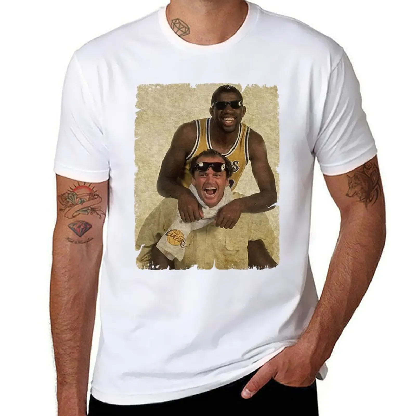 Camiseta Jack Nicholson con Magic Johnson (1), camisetas para hombre, camisetas de algodón, camiseta 100% de algodón, camiseta de diseñador para hombre