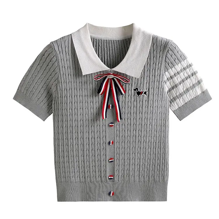 Preppy bowknot embroidered puppy cable knit short sleeve t-shirt