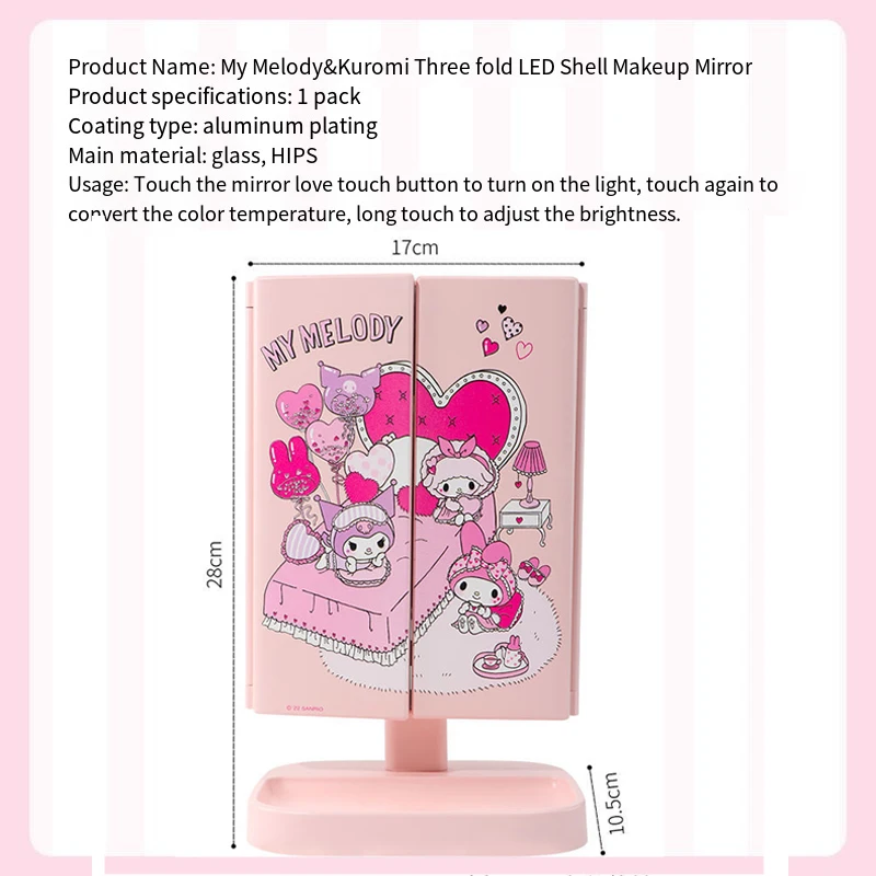 

My Melody Three-Fold Led Light Makeup Mirror Sanrio Anime Cartoon Student Ins Small Mirror Desktop Desktop Decoration Beauty