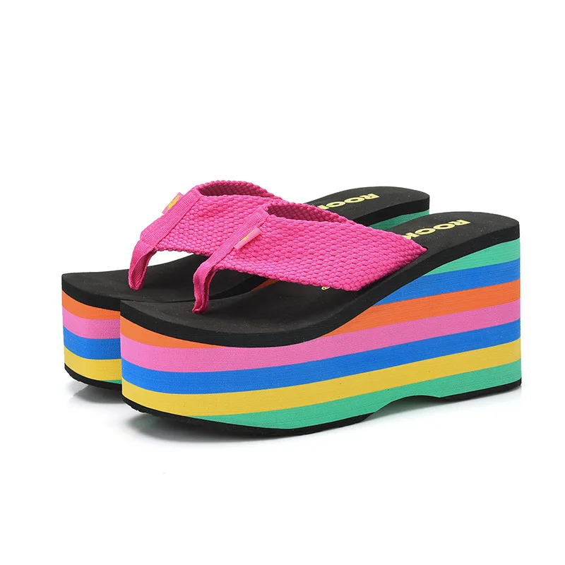 Women's Slippers Female Flip Flops Women Summer Rainbow Sandals Beach High Heel Shoes For Women Platform Wedge 10cm Slippers