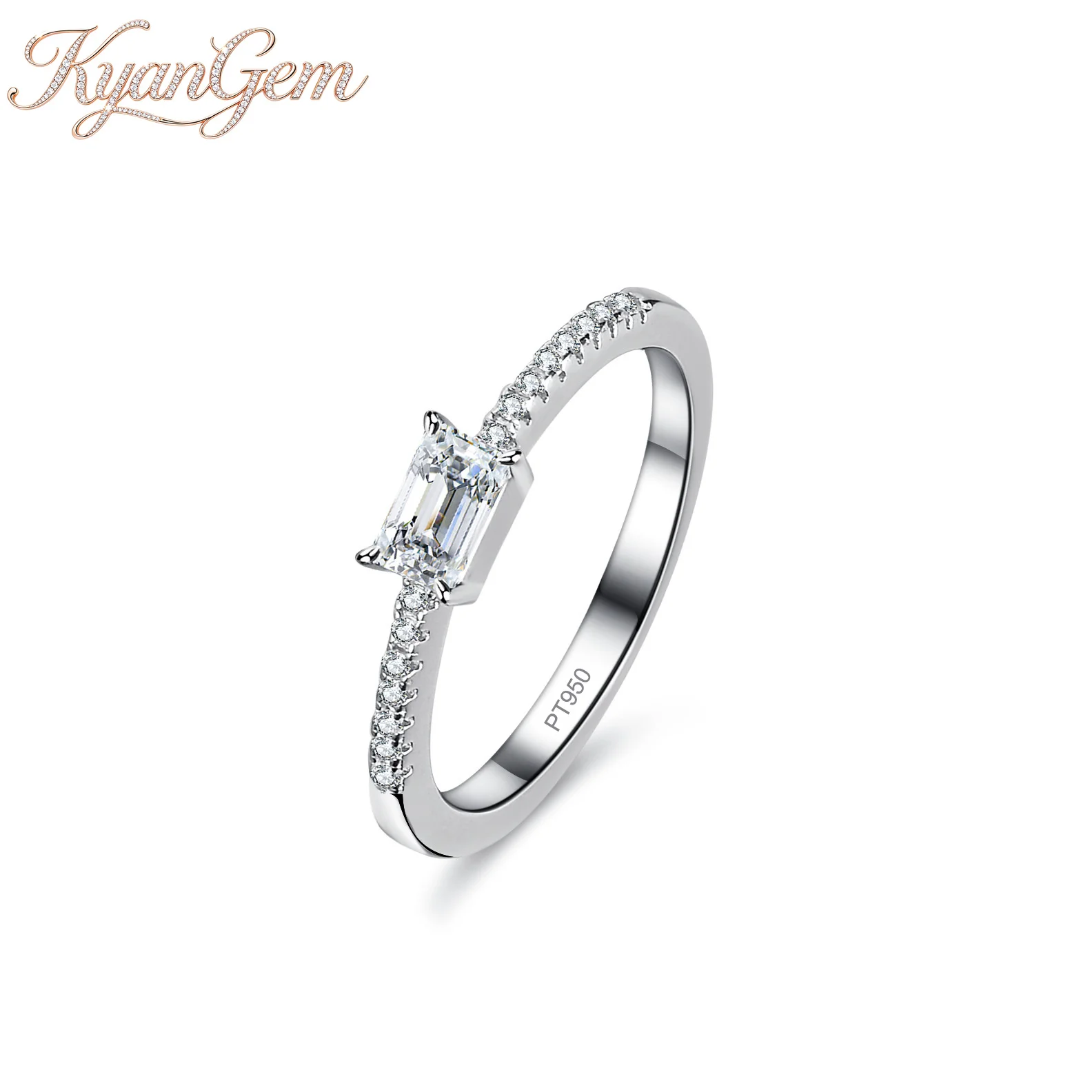 KyanGem Platinum PT950 50-Point Moissanite Emerald Cut Rectangular Women's Ring Set Jewelry Accessories