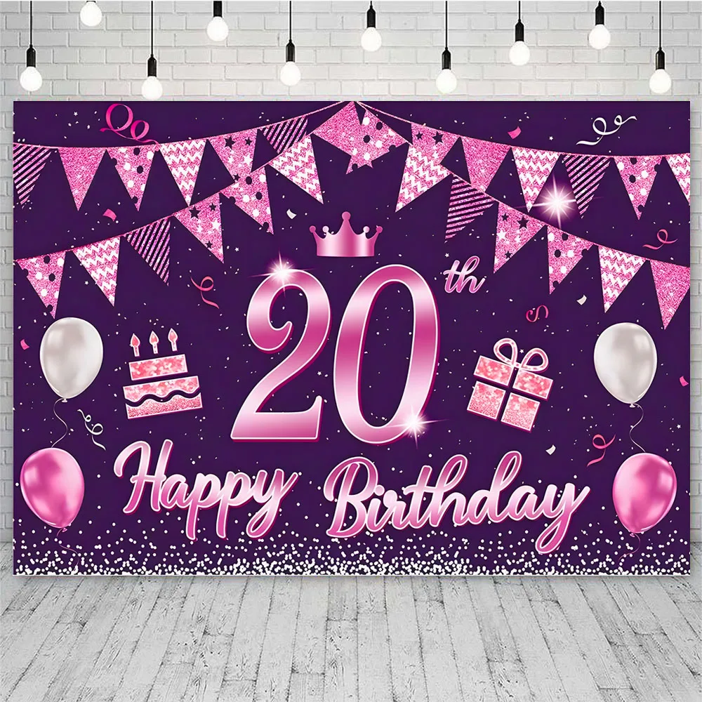 Glow Neon Happy 20th Birthday Backdrop Banner Black Colorful Glowing 20 Years Old Birthday Party Theme Decorations Boys Girls