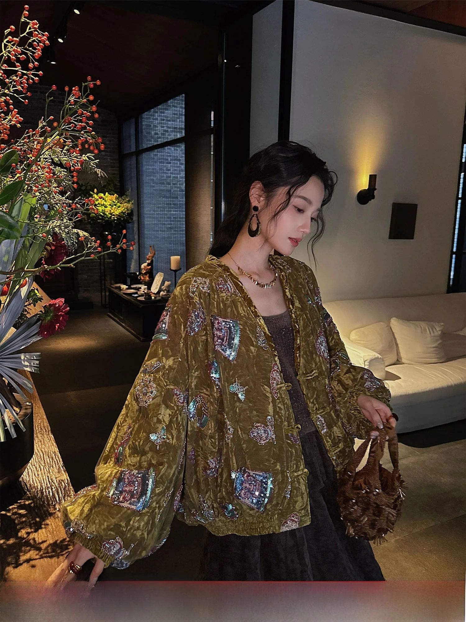 

Sanji Bla Flower New Chinese Sle Embroidered Velvet down Jaet Women's National Faion Winter Outerwear 90 White Du down