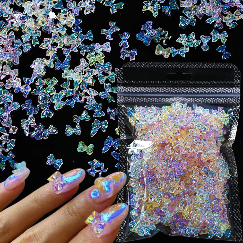 50g/Bag 3D Mixed Pink Aurora Bowknot Nail Art Charms Kawaii Resin Bow/Ribbon Rhinestones Y2K Colorful Manicure Decor Accessories