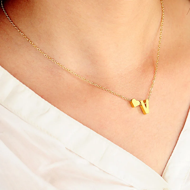 Initial Heart Necklace 18K Gold Plated Stainless Steel Tiny Heart Letter Necklaces Personalized Monogram Name Necklace for Women