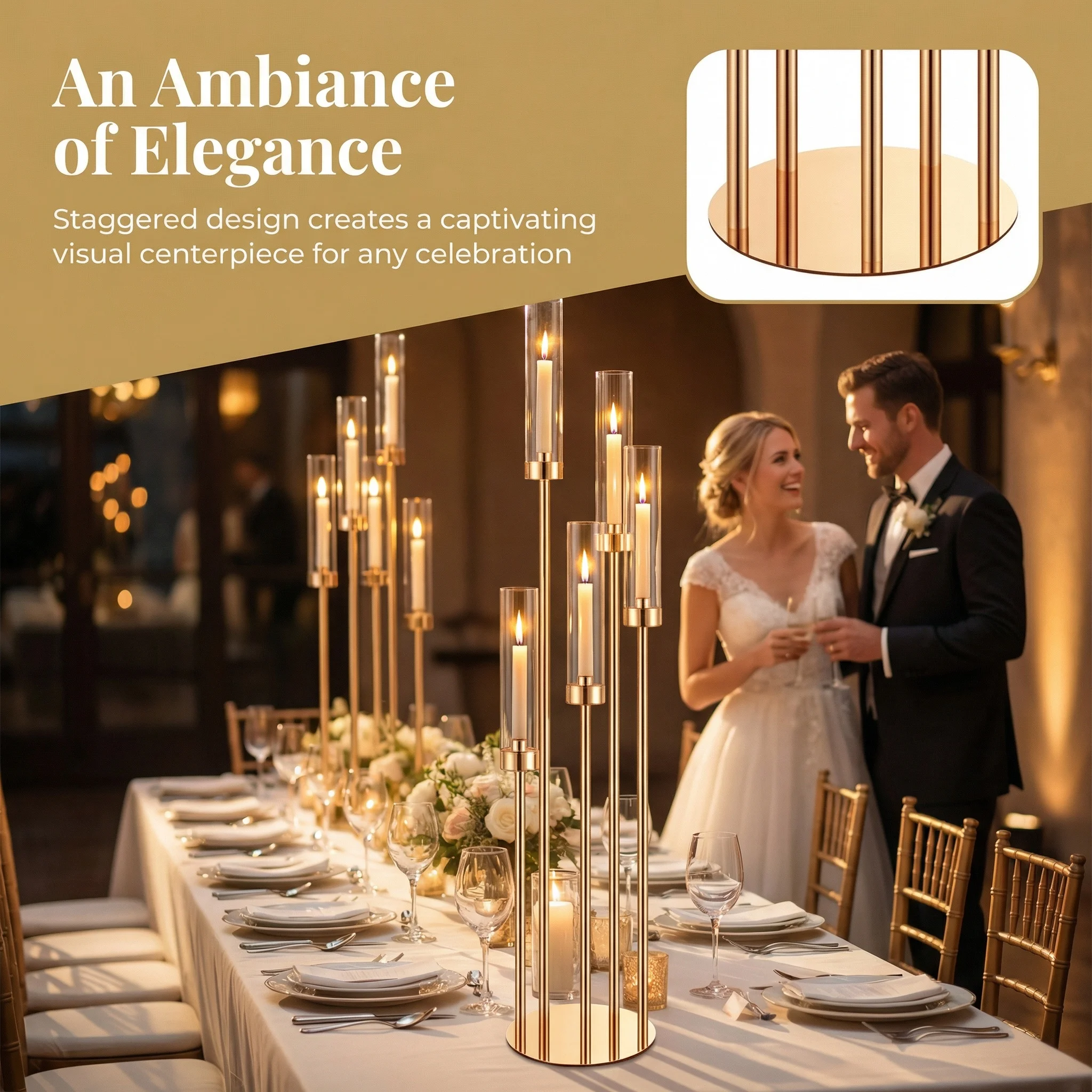 5-Arm Gold LED Candle Holder with Acrylic Lampshade Modern Tall Candlestick for Wedding Table Centerpiece Romantic Dinner Decor