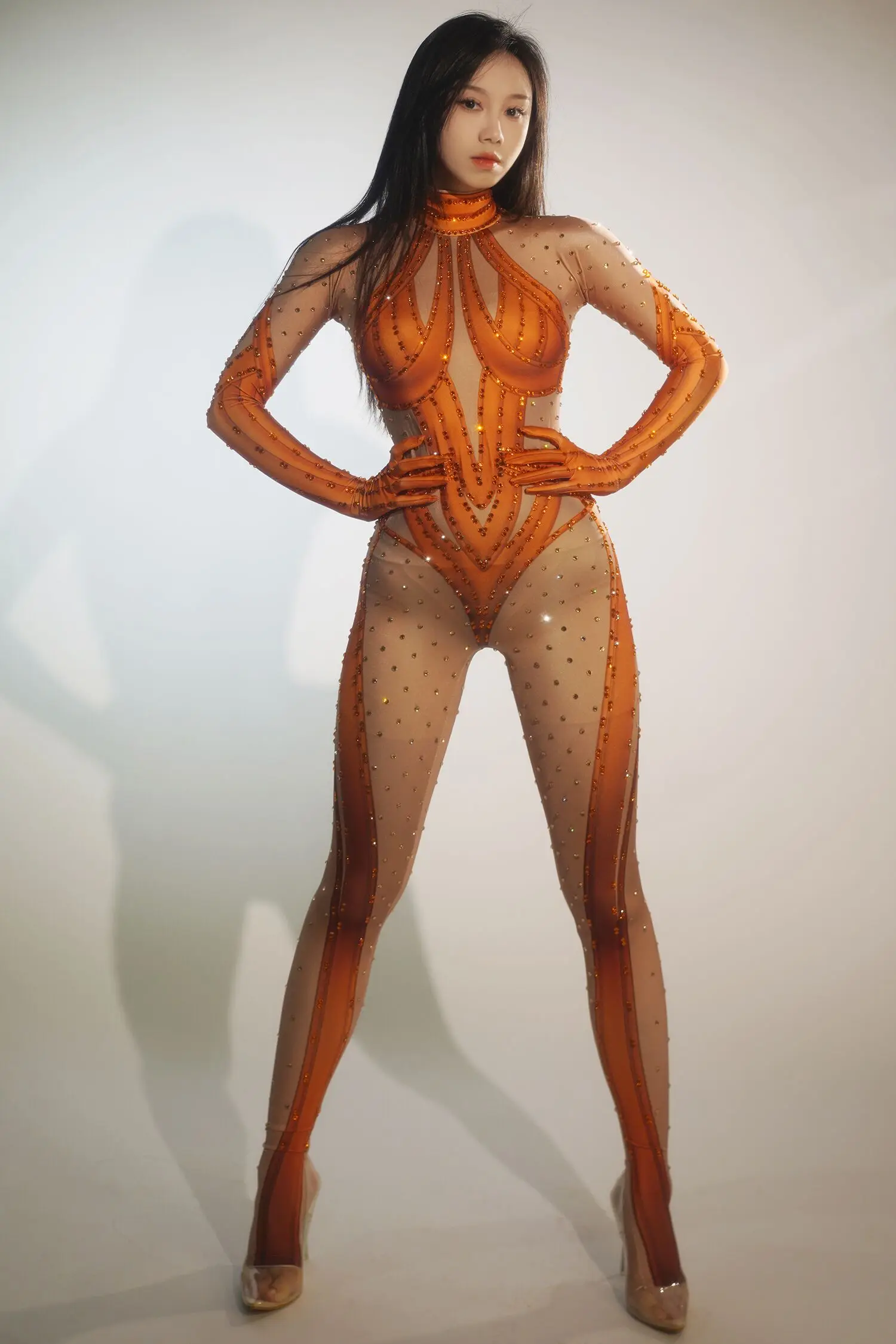 

Bright Rhinestones Orange Silver Jumpsuit Gloves Female Singer Dance Stage Wear Nightclub Prom Party Bodysuit Outfit tiepi