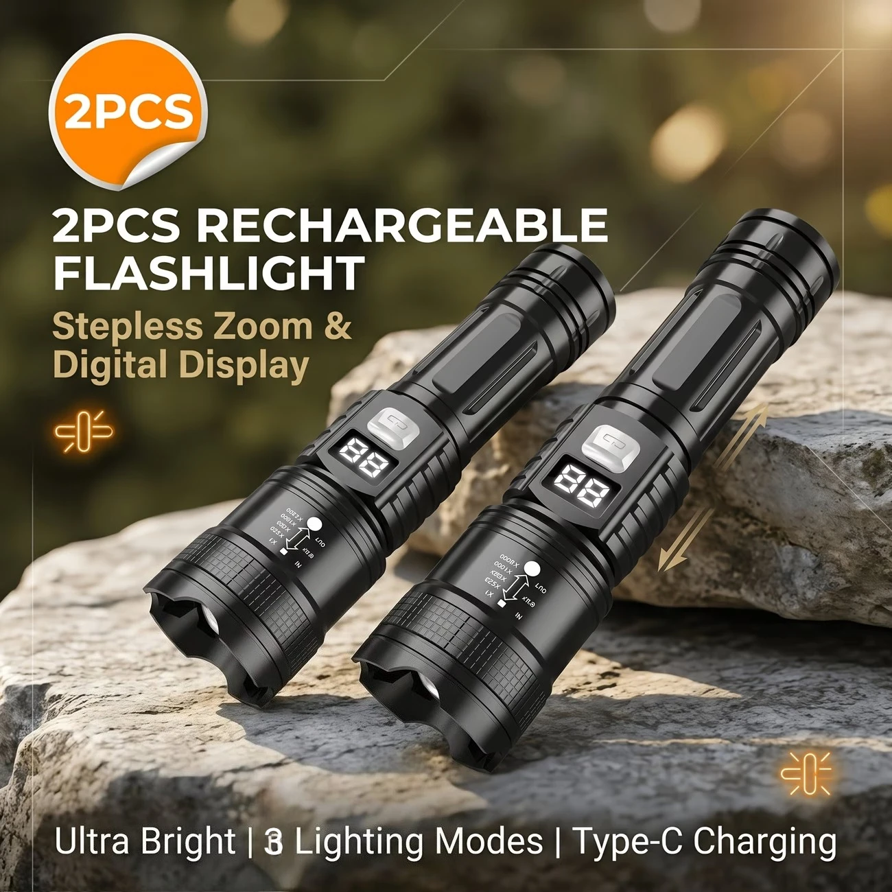 Super Bright LED Power Display Flashlight Type-C Rechargeable Long Range Tactical Torch for Outdoor Waterproof Camping Lantern