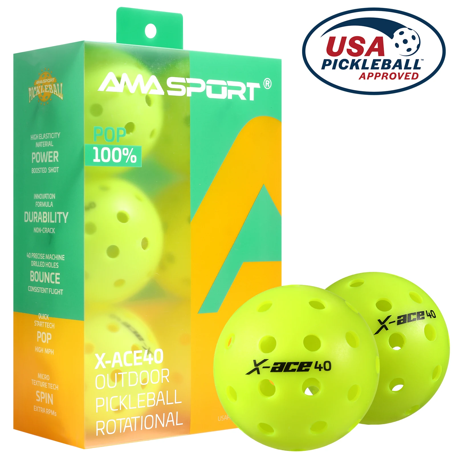 AMA Sport X-ACE Pickleballs 40-otworowe piłki Pickleball Outdoor odporne na pęknięcia jednoczęściowe piłki 100% POP-optyczne żółte