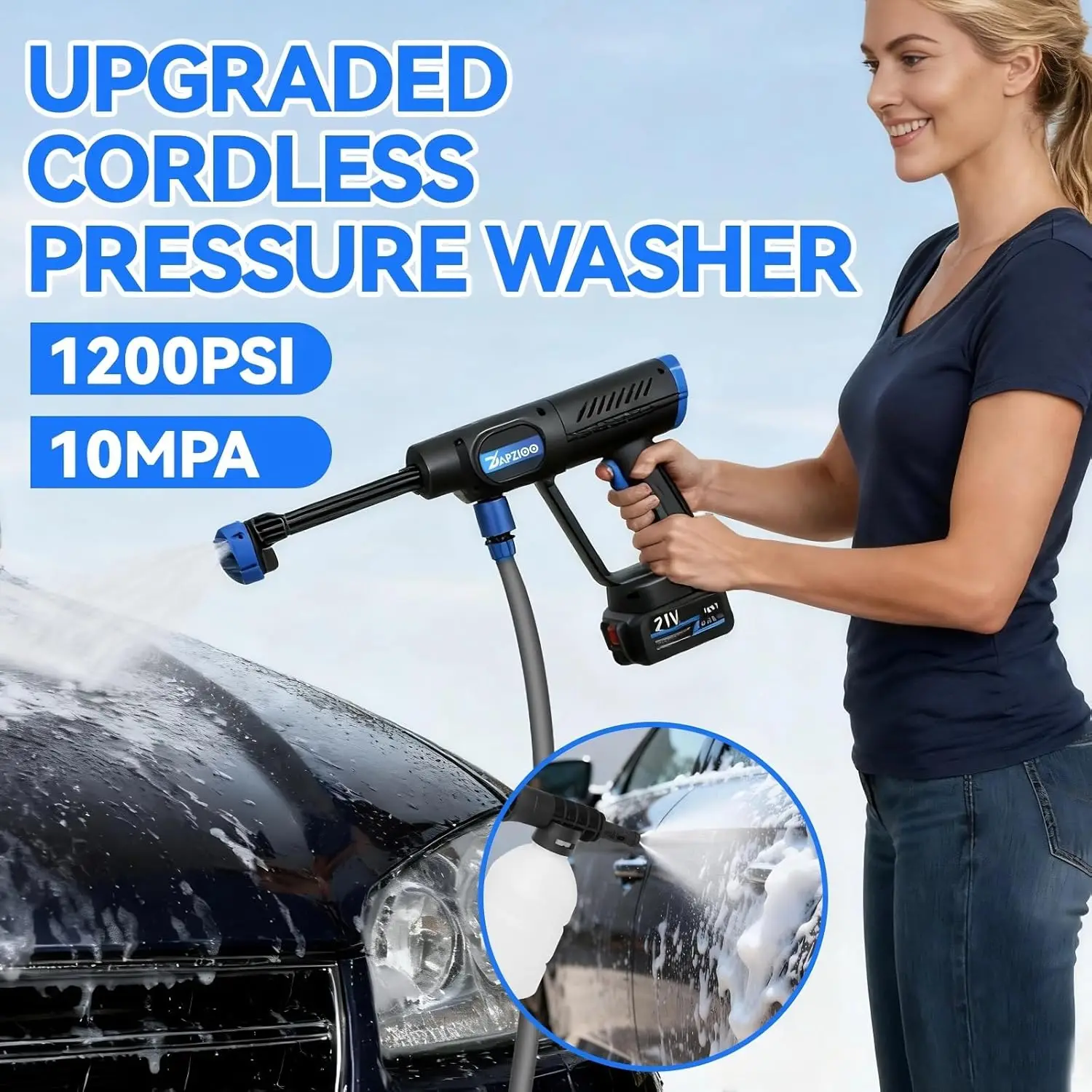 Portable 21V Cordless Pressure Washer, 1200PSI, Dual Water Source, 6-in-1 Nozzle, 16FT Hose, Battery & Charger – Handheld Cleane