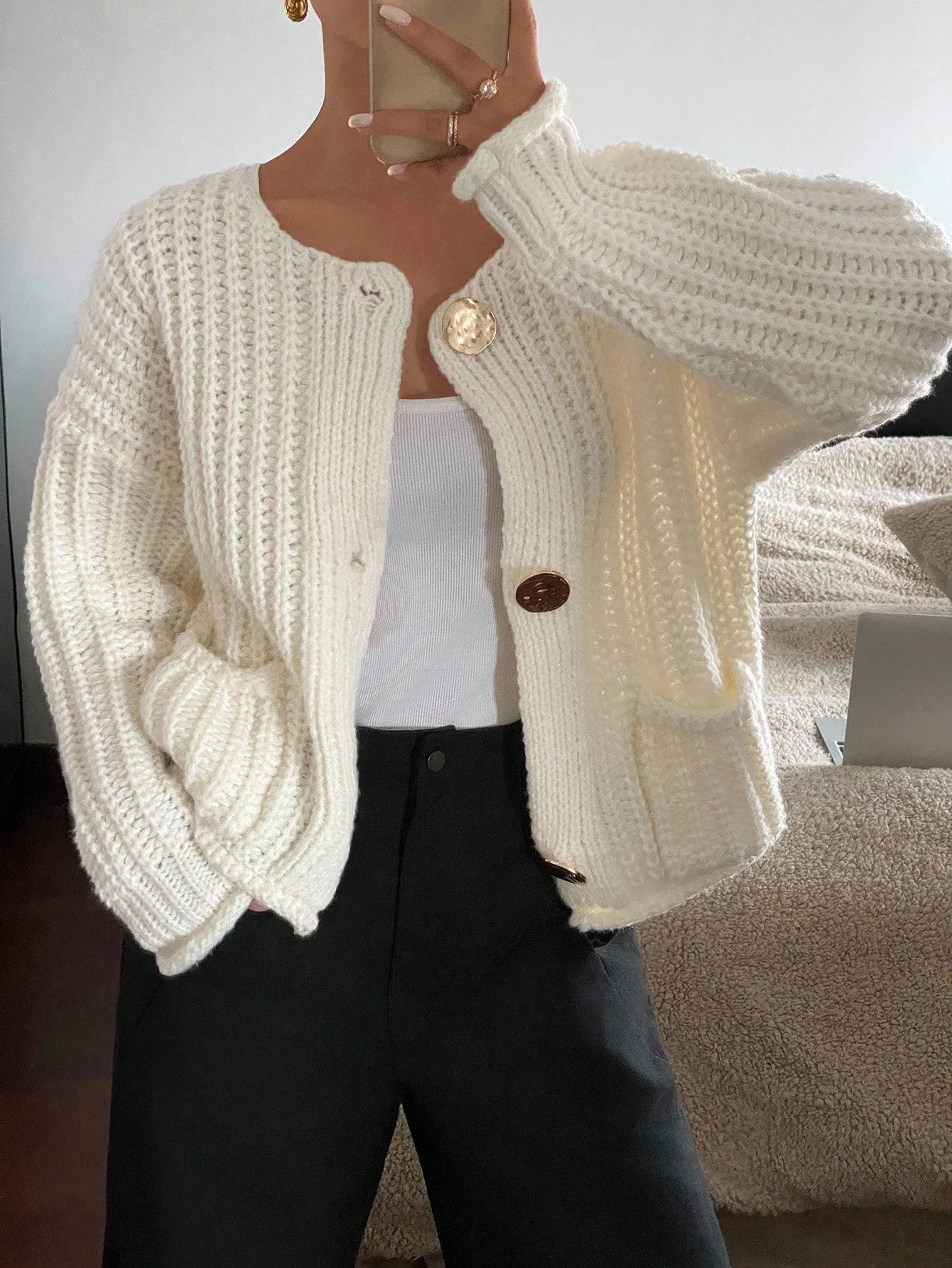 

Cream Knit Cardigan with Oversized Sleeves, Front Buttons & Pockets, Casual Warm Layering Top