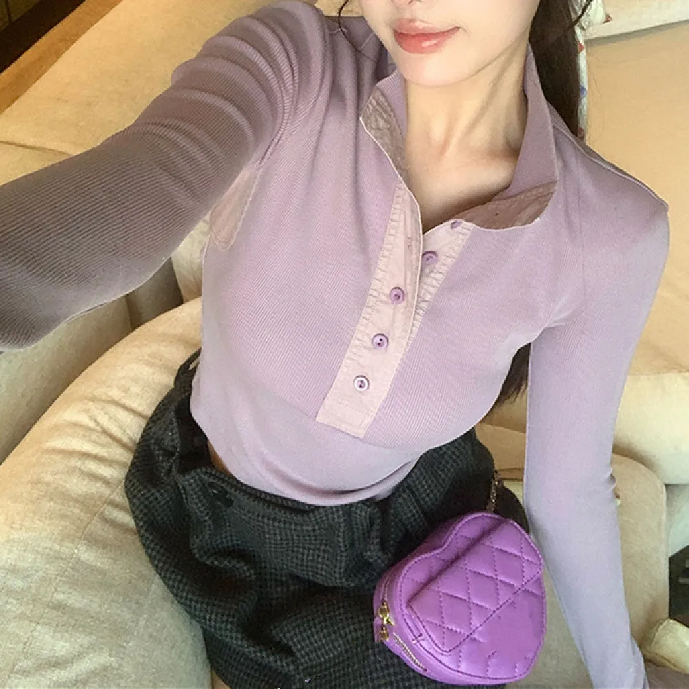 Nowe wiosenno-jesienne patchworkowe bluzki z wysokim kołnierzem, dopasowane koszulki damskie z długim rękawem, krótka bluzka bazowa typu crop top.