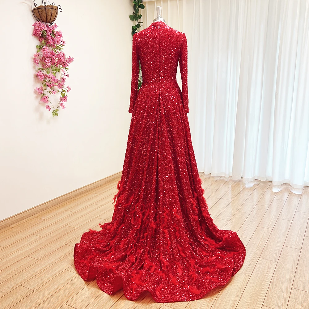 Elegant Feather Sequin Evening Night Dresses for Women 2024 Long Sleeves High Neck Muslim Aline Formal Wedding Prom Party Gowns