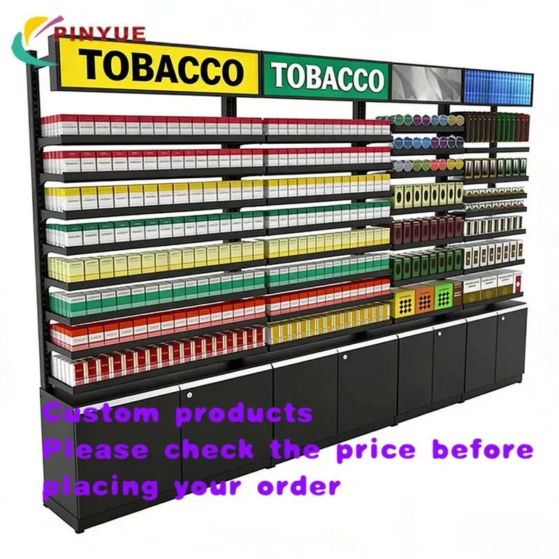 custom.Modern Smoke Retail Display Cabinet Lockable Drawers Multi-Tier Display Shelves LED Light Rotating Adju