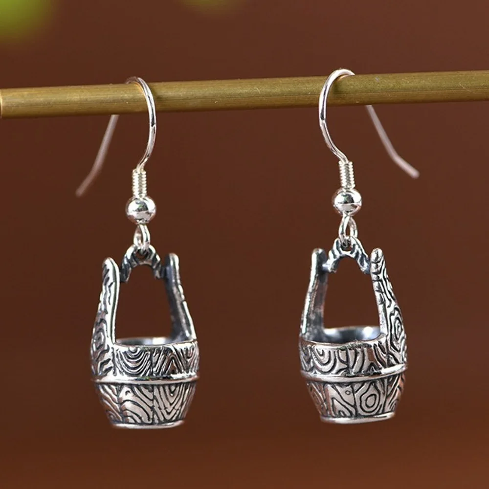 

Real Solid 925 Sterling Silver Women Gift Lucky Carved Pattern Bucket Dangle Earrings