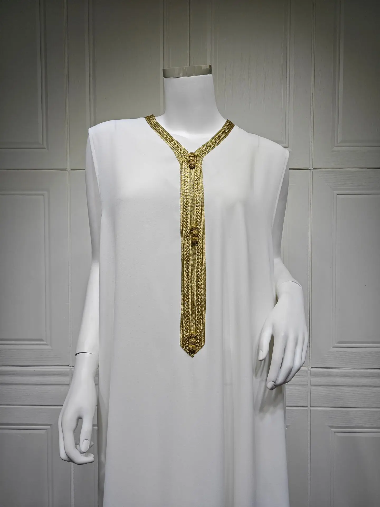 Ramadan Eid Evening Party Events Moroccan Women Chiffon Kaftan Dress Set- V-Neck Sleeveless Dress, Foil Print Butterfly Kaftan