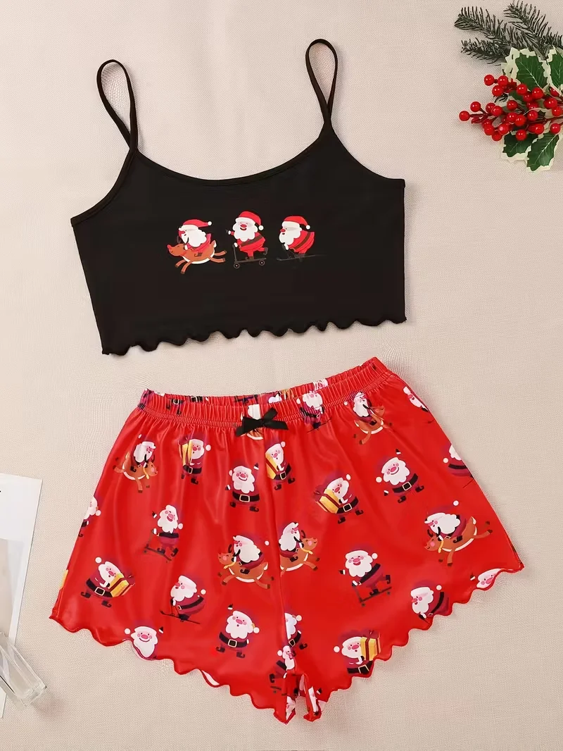 

Рождественский пижамный комплект с принтом Санта-Клауса для женщин, одежда для сна, топ с круглым вырезом на тонких бретельках и шорты, домашний костюм, одежда для дома