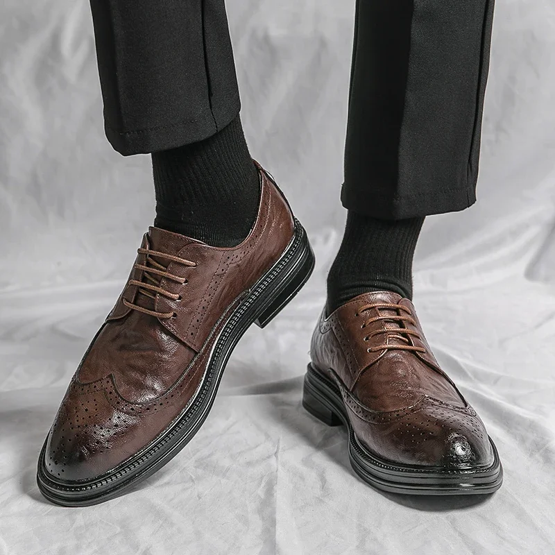 Ashionable-Chaussures en cuir microcarence pour hommes, coupe entière, mode décontractée, chaussures Parker rondes, à lacets, chaussures provoqué formelles d'affaires et de mariage