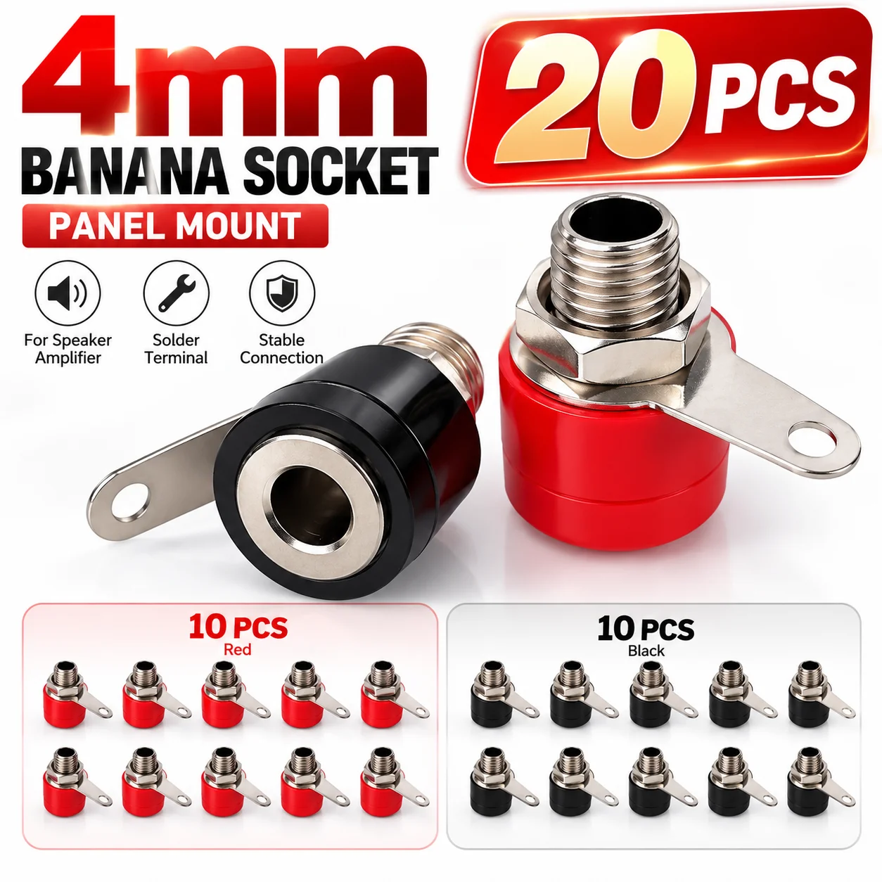 20Pcs 4mm Female Banana Socket Jack Panel Mount Solder Terminal Connector for Speaker Amplifier DIY Audio Power Supply Red Black