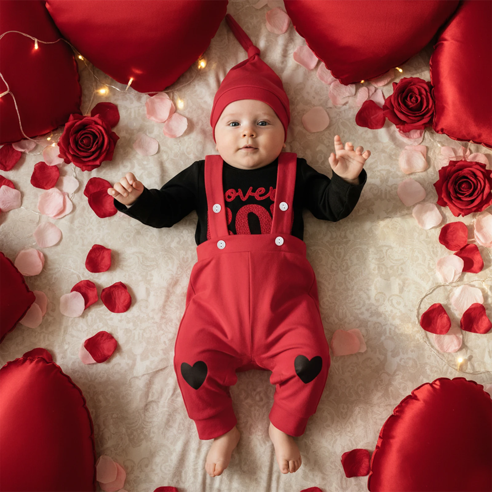 Baby Boy's Valentines Clothing Sets Cute Letters Embroidery Long Sleeve Romper with Overalls, Hat 3Pcs Outfits
