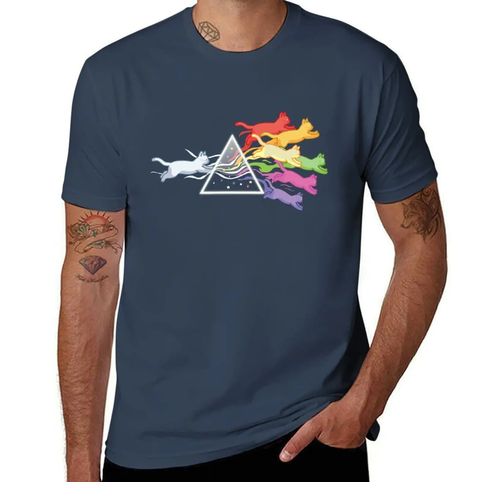 Cat Prism Rainbow Light Funny Physics Science Spectral Cat T-Shirt Large Size Casual Short Sleeve Top