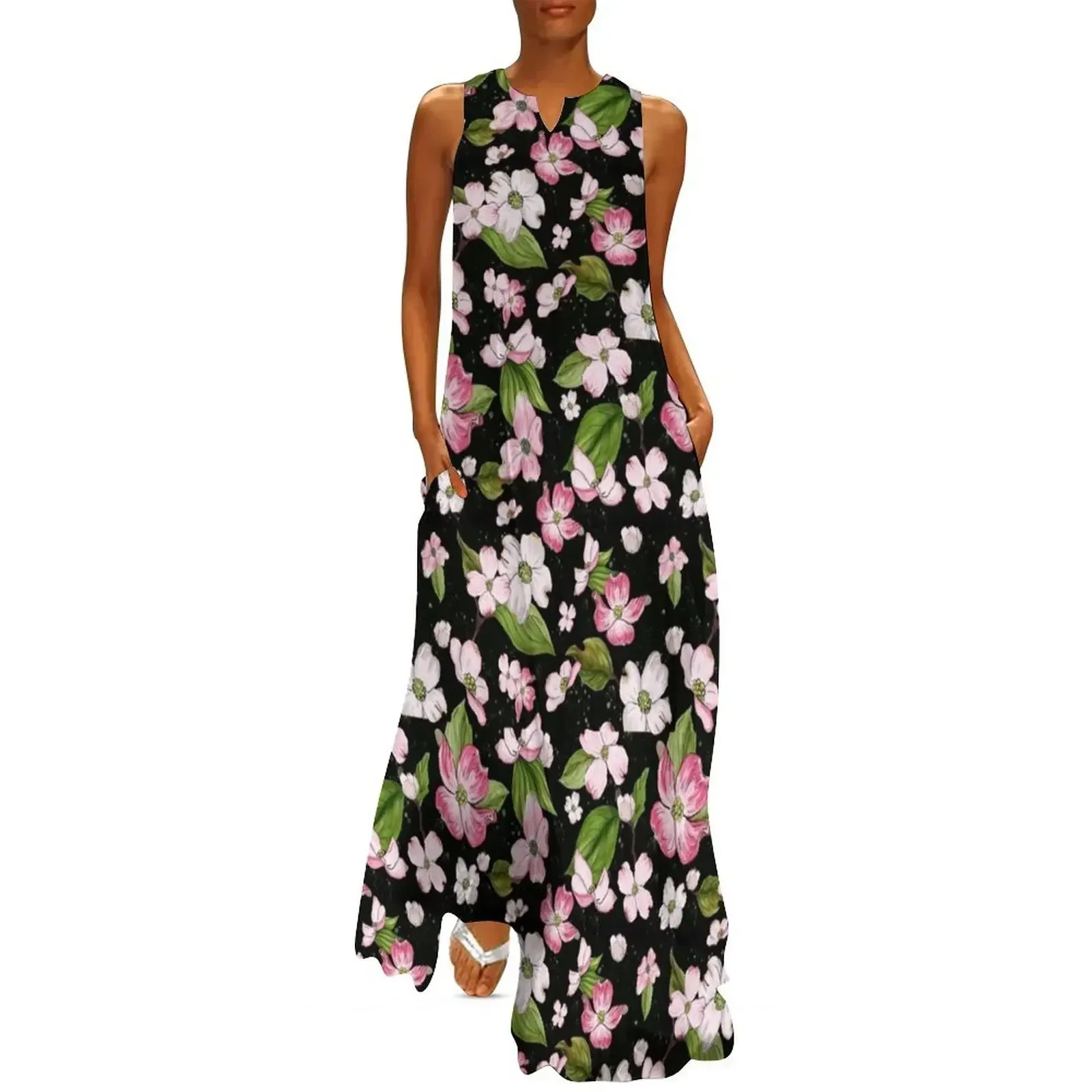

Dogwood Flower Pattern on Speckled Black Background Long Dress beach dresses dresses summer evening dress woman Dress