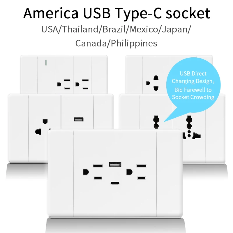 

Американская стандартная настенная двойная розетка USB типа C, розетка для панели ПК с переключателем света США, двойная мексиканская розетка 15 А с зарядкой через USB