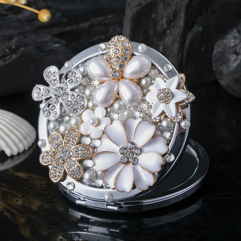 

Mini Pocket Makeup Mirror Crystal Pearl Magnifying Compact Mirror Foldable Double Sides Round Cosmetic Mirror Creative Gift