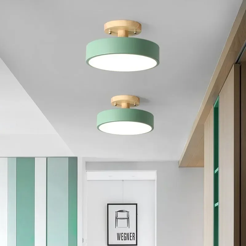 Lampu langit-langit Nordic, lampu langit-langit kayu minimalis LED Macaron bulat pencahayaan dalam ruangan untuk pintu masuk dapur koridor lorong perlengkapan balkon