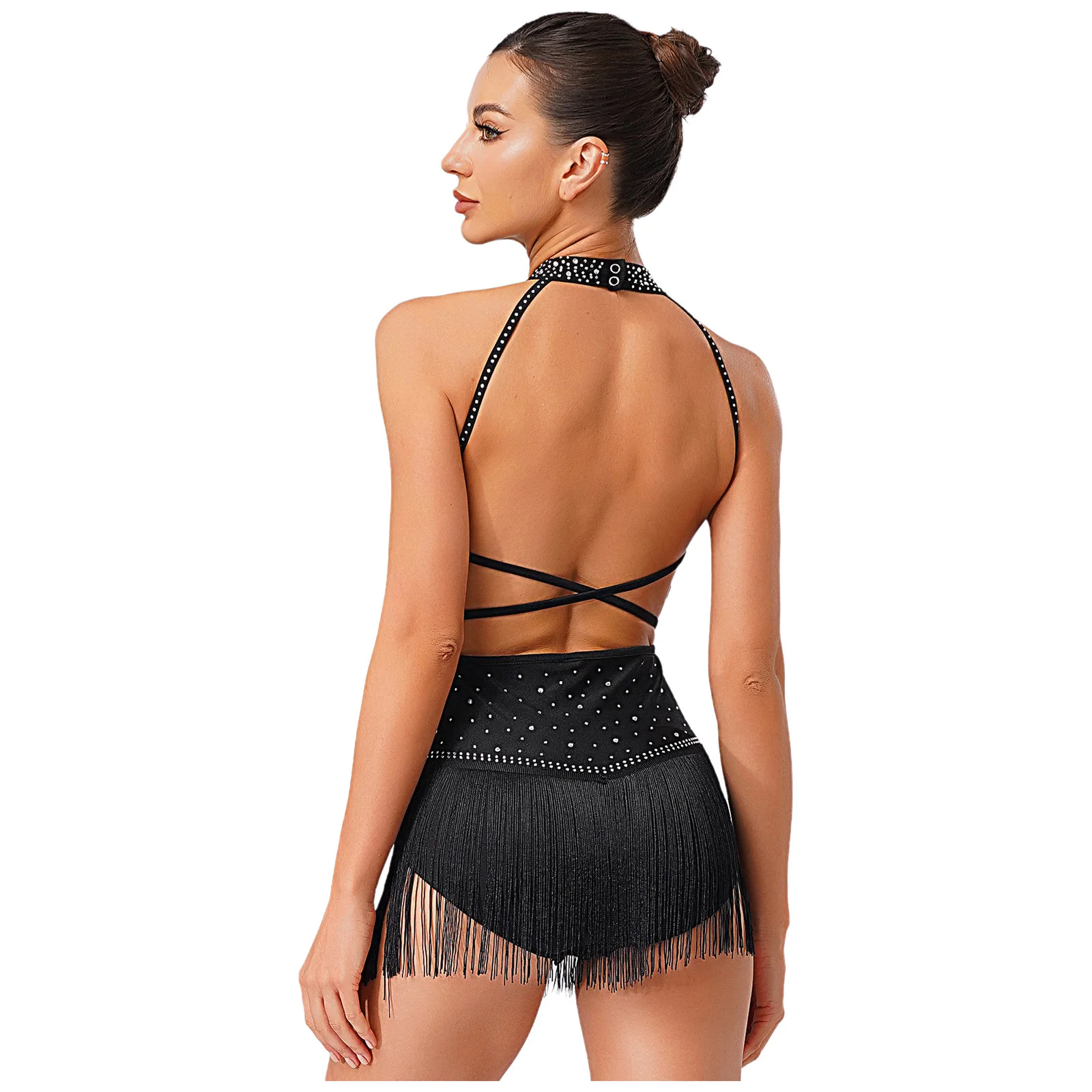 Women Latin Jazz Dance Performance Costume Shiny Rhinestone Mesh Tassel Bodysuit Cha-cha Samba Rumba Ballroom Gymnastics Leotard
