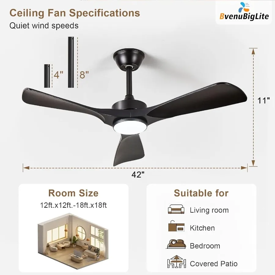 مروحة سقف خارجية منخفضة المستوى مقاس 42 بوصة مع ضوء وتحكم عن بعد في التطبيق للفناء وغرفة المعيشة تصميم حديث 3 شفرات هادئ R