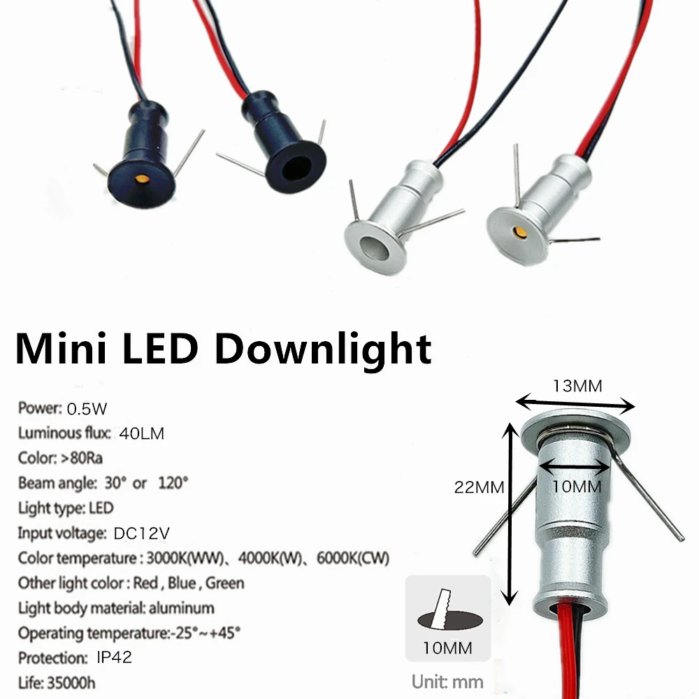 0.5W Mini Spotlight Led 10mm Recessed Ceiling Downlight 12V Indoor 0.5W Stair Cabinet Spot Lighting with Transformer 100-265V