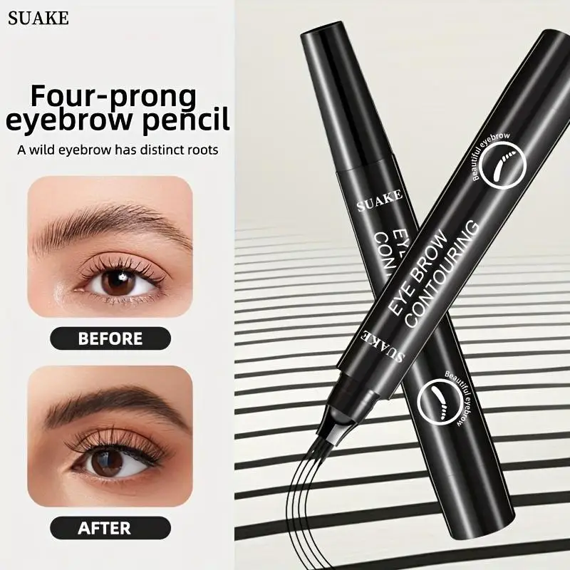 قلم حواجب متشعب بأربعة رؤوس للمبتدئين، قلم حواجب رفيع بكلمة واحدة، سهل التلوين، قلم حواجب بأربعة رؤوس