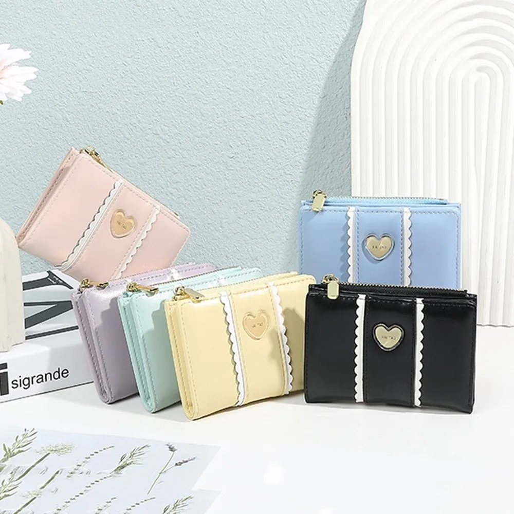 Elegant Women Short Wallet Pu Leather Love Heart Biofold Business Purse Candy Color Waterproof Bank/ID/Credit Card Holder