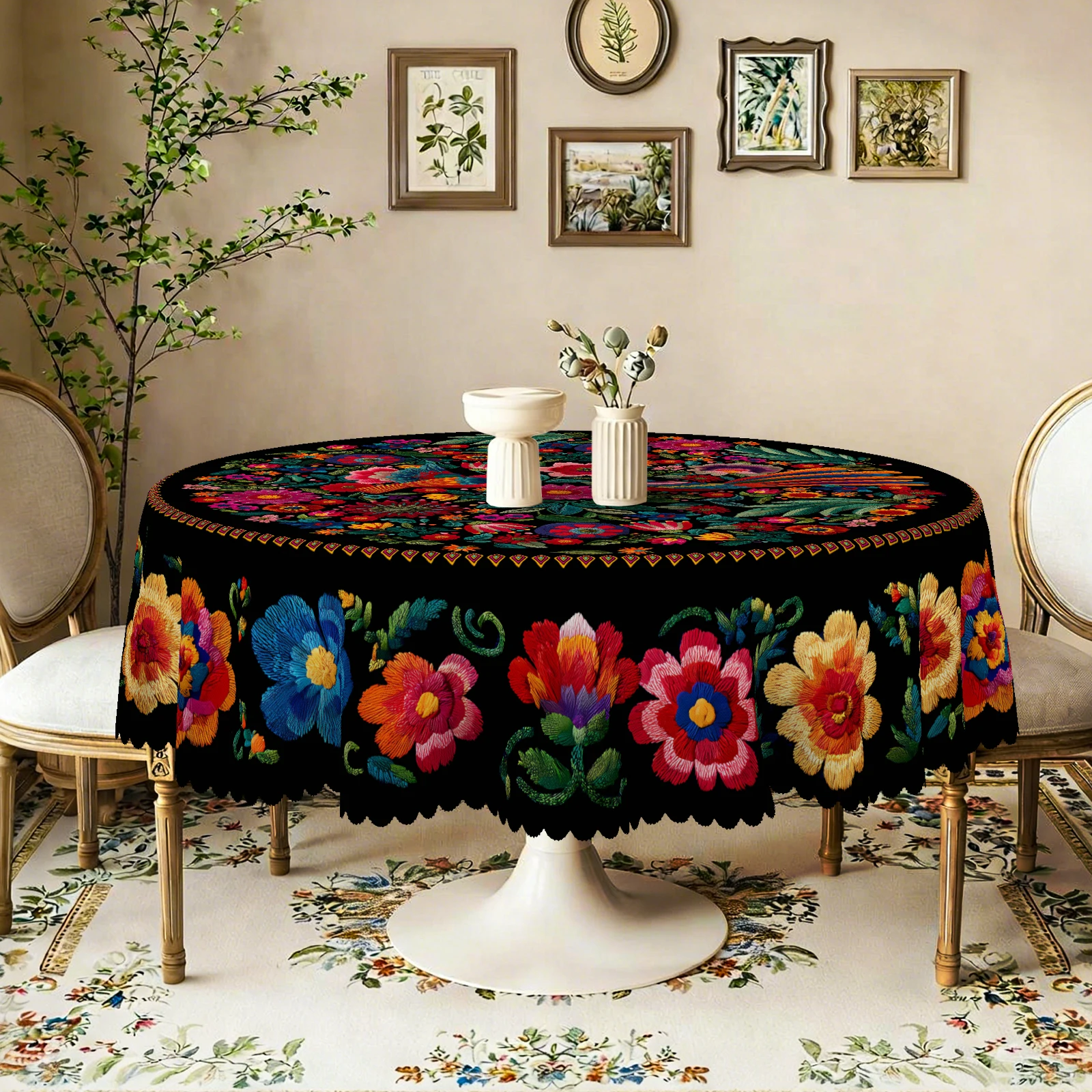 Exotic Ethnic Style Tablecloth, Vintage Mexican Style, Bright and Vibrant Colors, Bright Floral Patterns, Cute Bird Prints, Classic Imitation Embroidery Patterns, Embossed Edges, Waterproof, Wrinkle-Resistant, Fade-Resistant, Available in Round and Rectangular Shapes, Suitable for Indoor and Outdoor Dining in Spring, Summer, Autumn, and Winter, Ideal for Home, Kitchen, Restaurant, Terrace, Courtyard Use, Buffet Outdoor Parties and Camping, Perfect Gift Mexico 1