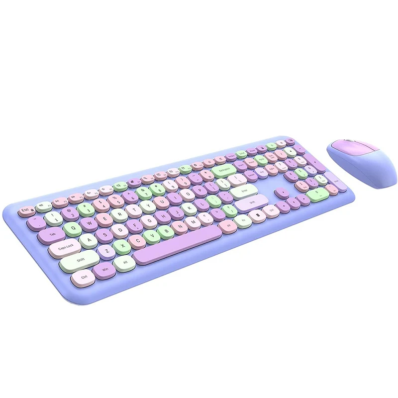 USB Wireless Keyboard and Mouse Combo 2.4GHz Full-Size Colorful Cute Keyboard Mouse Set with Retro Typewriter Round Keys