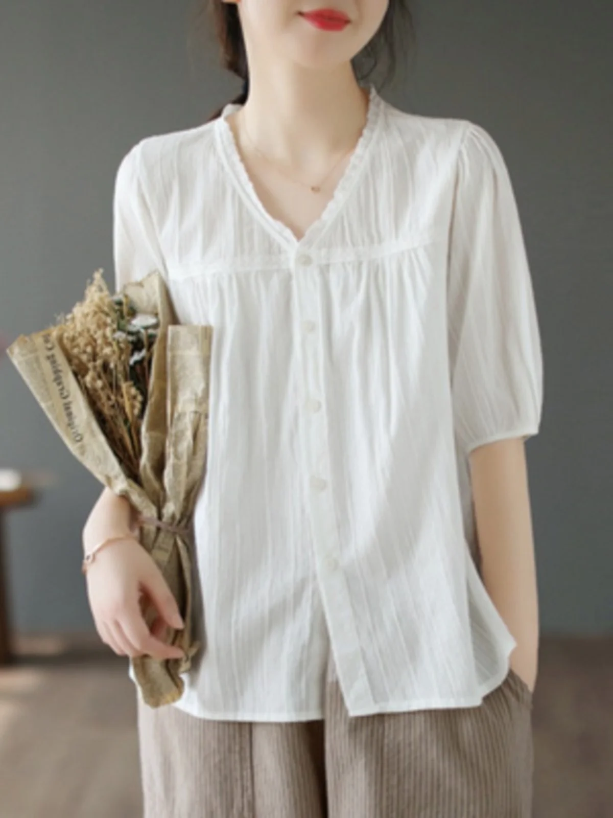 

Retro Flounce V-Ne ort Sve Linen irt Women's Ele Cotton Linen Thin Top Commute Sle Pure Color Summer irt