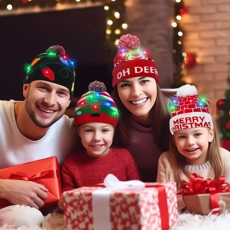 LED Christmas Knit Hat Ugly Holiday Party Hat with Flashing Modes Festive Headwear with Batteries Winter Seasonal Hat for Women