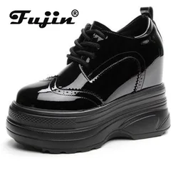 Fujin 11CM Patent Leather Microfiber Spring Autumn Women Platform Wedge Cushioned Ankle Boots Fashion Pumps High Brand Shoes