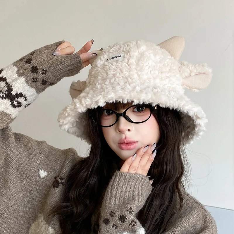 Women Bucket Hat Lamb Ear Plush Fisherman Cap Winter Warm Fluffy Kawaii Korean Style Lamb Wool Bucket Caps Gorras