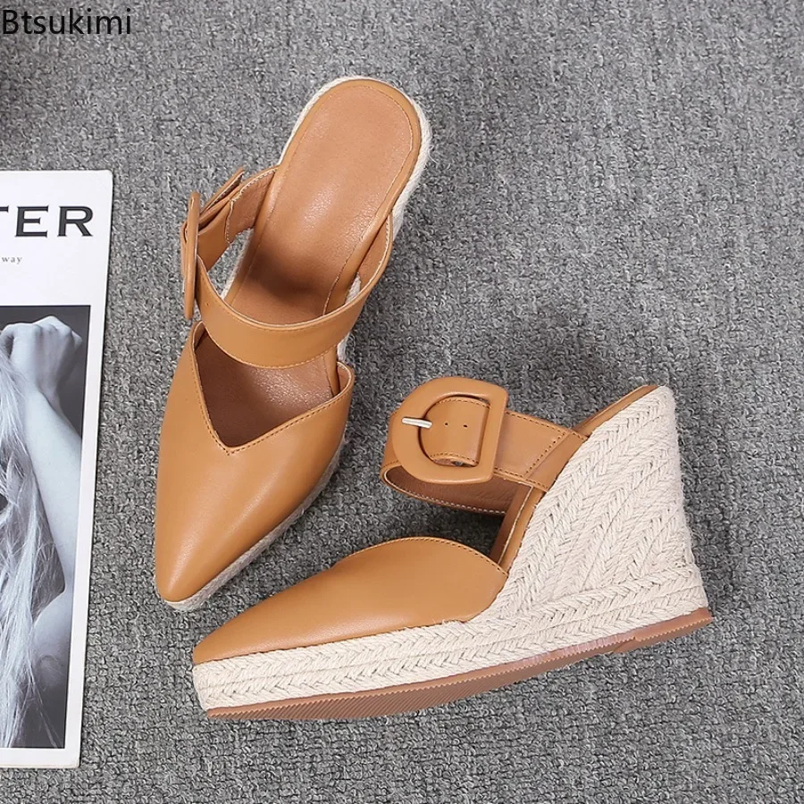 New Women's Pink Wedged Heel Platform Summer Baotou Buckle Sandals High Heel Straw Woven Hemp Sole Pointed Head Shoes Ladies