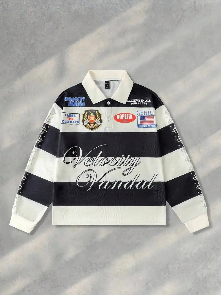 

Men's Striped Long Sleeve Casual Polo Shirt with Graphic Patches and Rhinestone Details