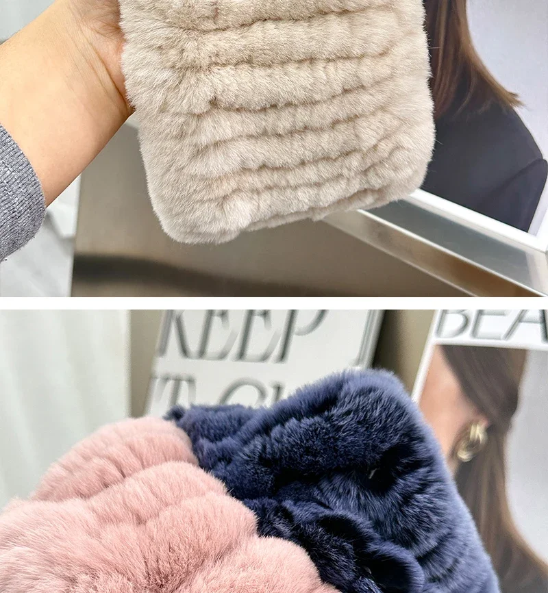 Frauen Echt Rex Pelz Handgemachte Stretch Schal Stricken Echte Rex Kaninchen Fell Stirnbänder Mädchen Natürliche Pelz Ring Gugel Snood Schals Winter – Detail 10