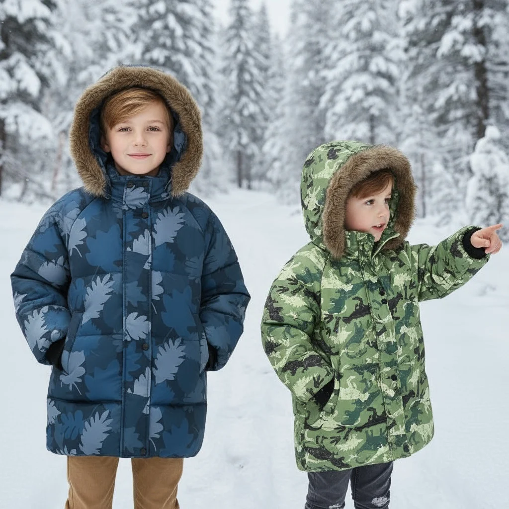 

5-13 Years Child Warm Hooded Jacket Dinosaur Printed Coat Children Boys Girls Winter Down Kids Windproof Sportwear