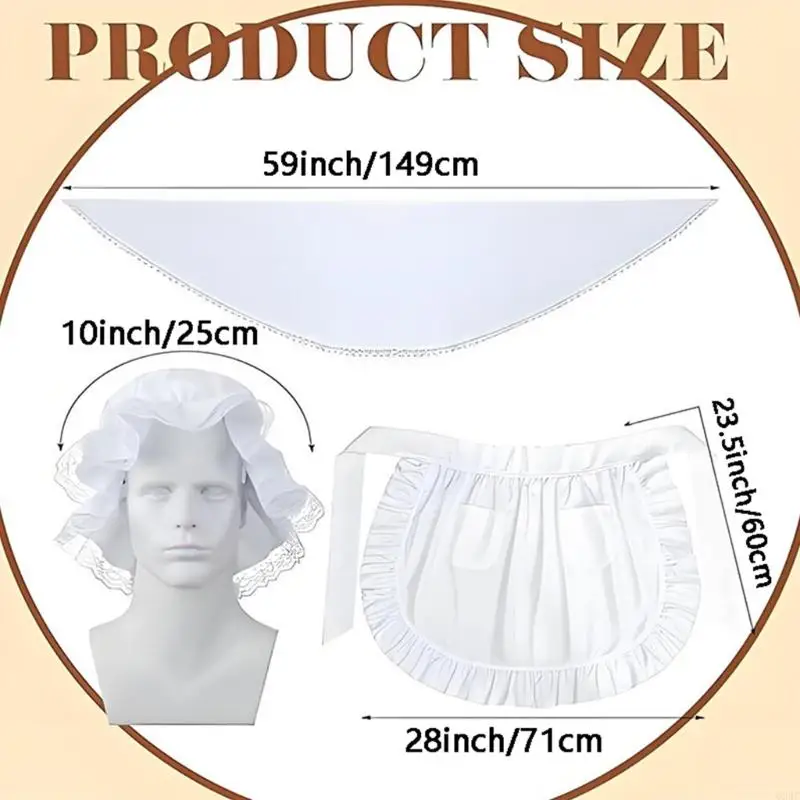 634C女性コロニアルコスチュームアクセサリーセットショールモブキャップボンネットフリルハーフエプロン
